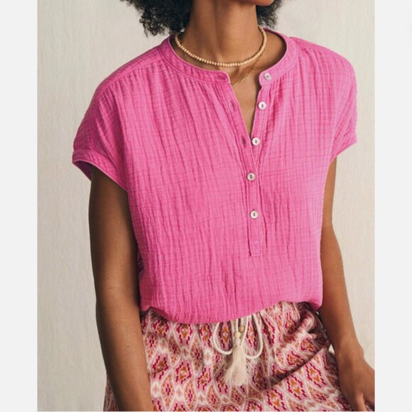 Faherty Tops - FAHERTY Dream Cotton Gauze Desmond Top Size Small Washed Pink